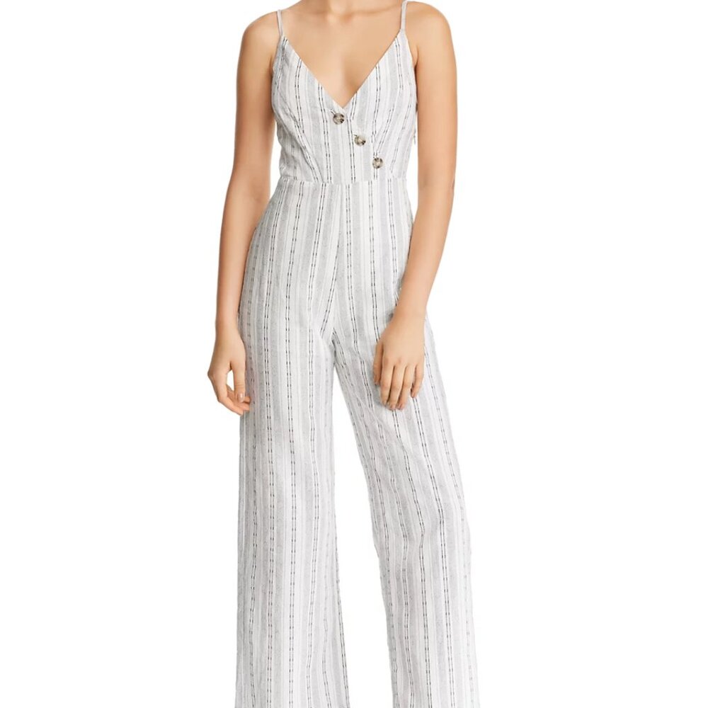 En Crème Womens Size Small Striped Button-Detail Jumpsuit Linen Cotton Blend $78